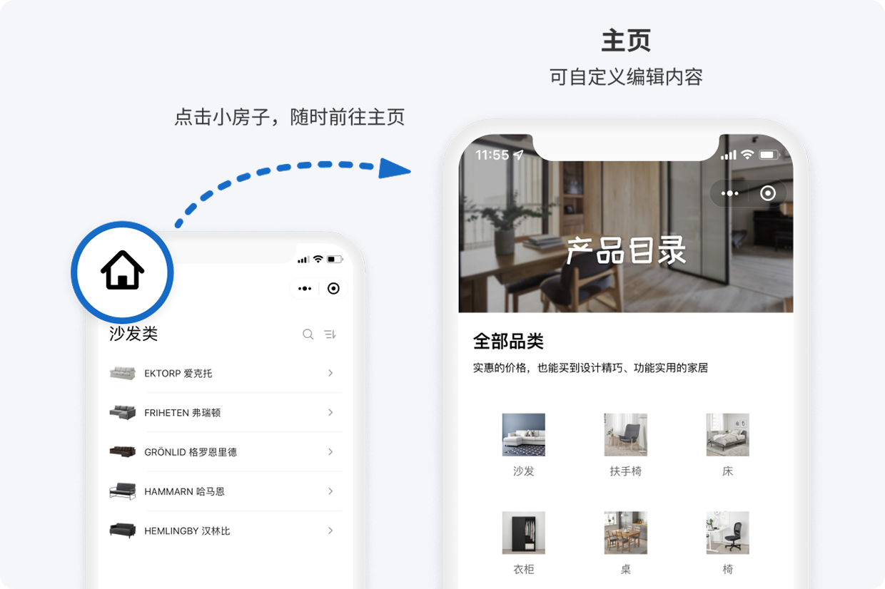 图文视频结合 在专属小程序的子页面中,可以随时左上角返回主页